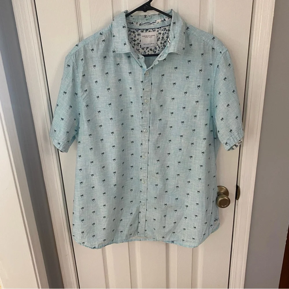 Denim & Flower Sky Blue Palm Tree Shirt‎ Preppy Palm Trees Beach Wear Spring - Picture 9 of 9
